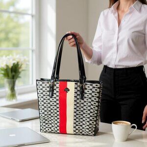 Kate Spade Shoulder Bag Black & White Checkered With Red Stripe Patent Leather